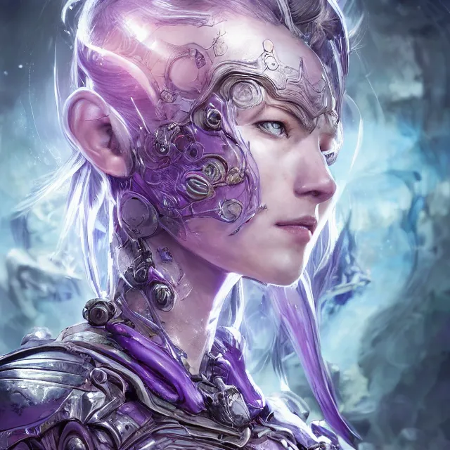 Image similar to facial portrait of a pale woman in sci - fi armor with a flowing purple, elegant, stoic, intense, ultrafine hyperdetailed illustration by kim jung gi, irakli nadar, intricate linework, sharp focus, bright colors, octopath traveler, final fantasy, hearthstone, highly rendered, global illumination, radiant light, detailed, intricate environment