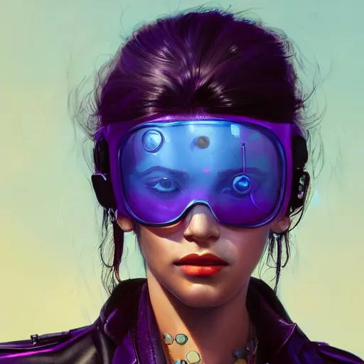 Image similar to very detailed masterpiece closeup painting of a very beautiful young mexican cyberpunk woman with light blue shutter shades, one side haircut, dark purple hair, purple leather jacket, beauty mark on cheek, portrait, synthwave background, artstation, concept art by greg rutkowski