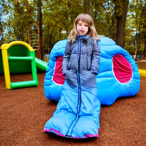 Image similar to Millie 6 years old going to bed on a play structure in a sleeping bag, 4K