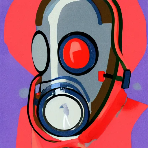 Prompt: teenager wearing a futuristic boiler suit and gas mask, stylised painting
