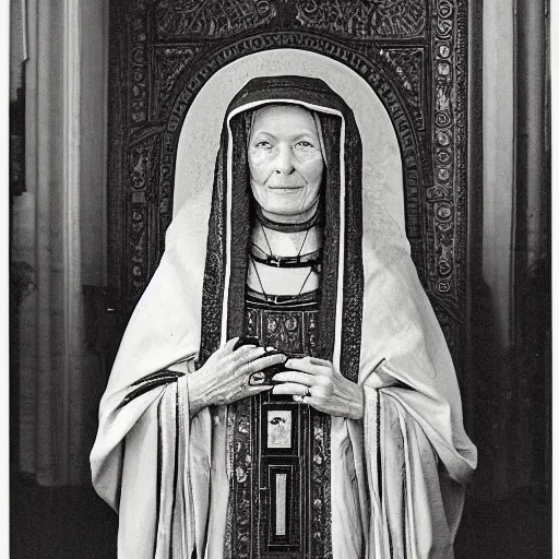 Image similar to A photograph of Hildegard Von Bingen by Richard Avedon, XF IQ4, 150MP, 50mm, f/1.4, ISO 200, 1/160s, natural light, Adobe Photoshop, Adobe Lightroom, DxO Photolab, Corel PaintShop Pro, rule of thirds