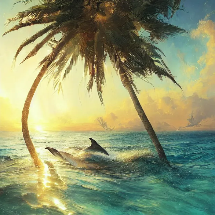 Image similar to dolphins swimming, golden hour, god rays, by artgerm and ruan jia and ismail inceoglu and greg olsen, palm trees, cosmos, milky way galaxy, masterpiece, beautiful, intricate, elegant, highly detailed