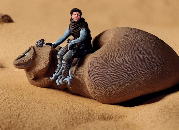 Prompt: paul atreides riding a sandworm, dune 2 0 2 1, claymation