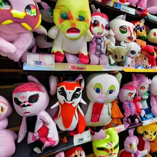 Image similar to haunting plushies being sold at an amusement park, devilish, nightmare fuel, scary, cursed, evil, dark