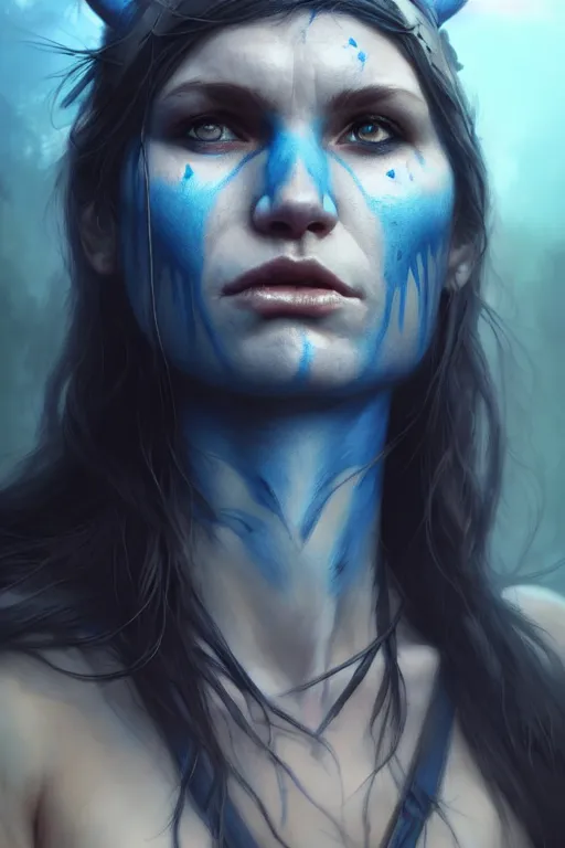 Image similar to portrait of a celtic feral berserker woman with blue warpaint, medium shot, portrait, concept art, natural lighting, illustration, full color, highly detailed, photorealistic, by greg rutkowski and artgerm, artstation,