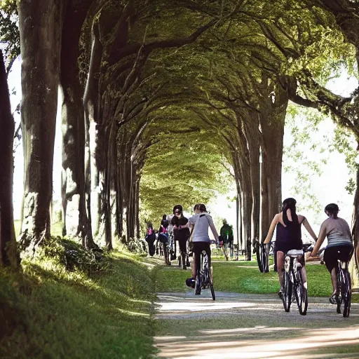 Prompt: friends ride their bikes through a colonnade of trees