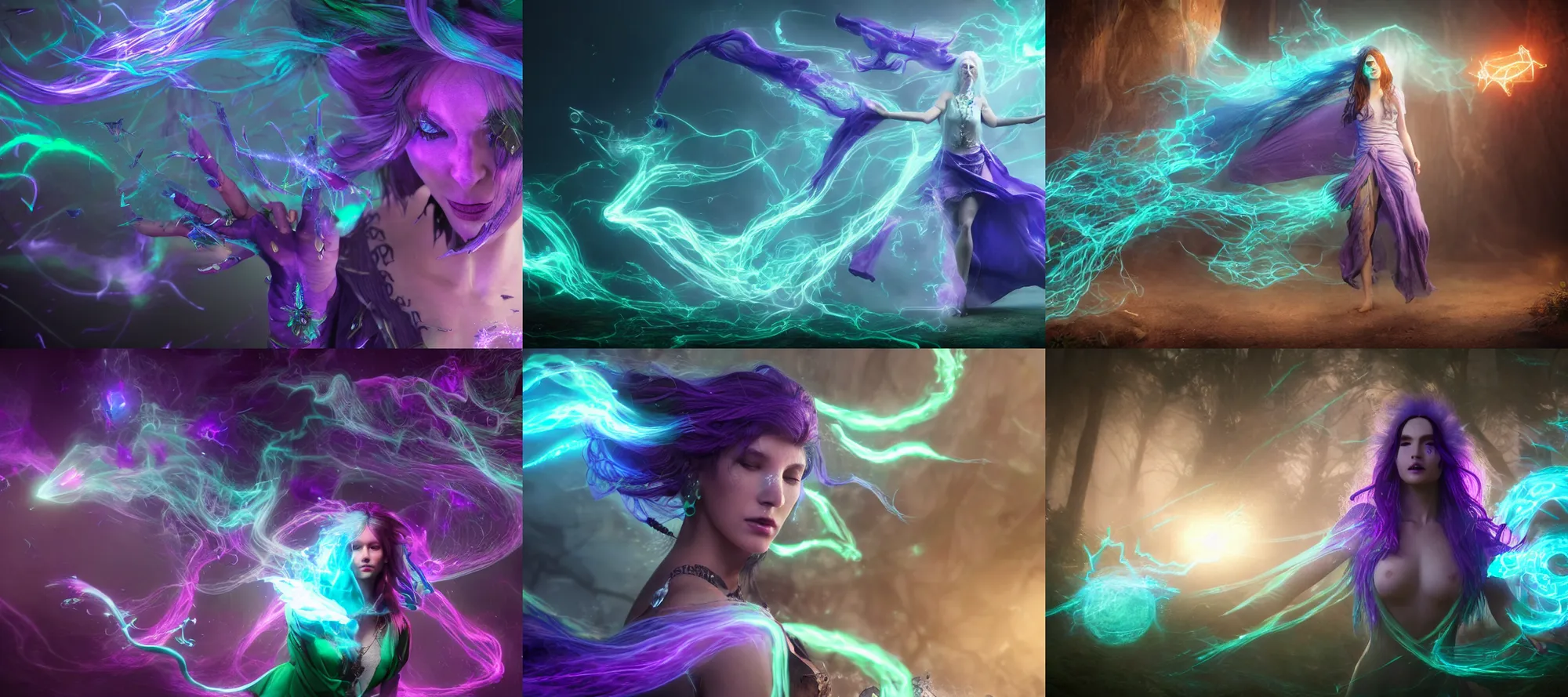 Prompt: a sorceress channeling quiet arcane magic, softly swirling magical energy, mysticism, wisps of energy in the air, hyperrealistic d & d fantasy art, blue and purple and green, hd octane render, 4 k, 8 k