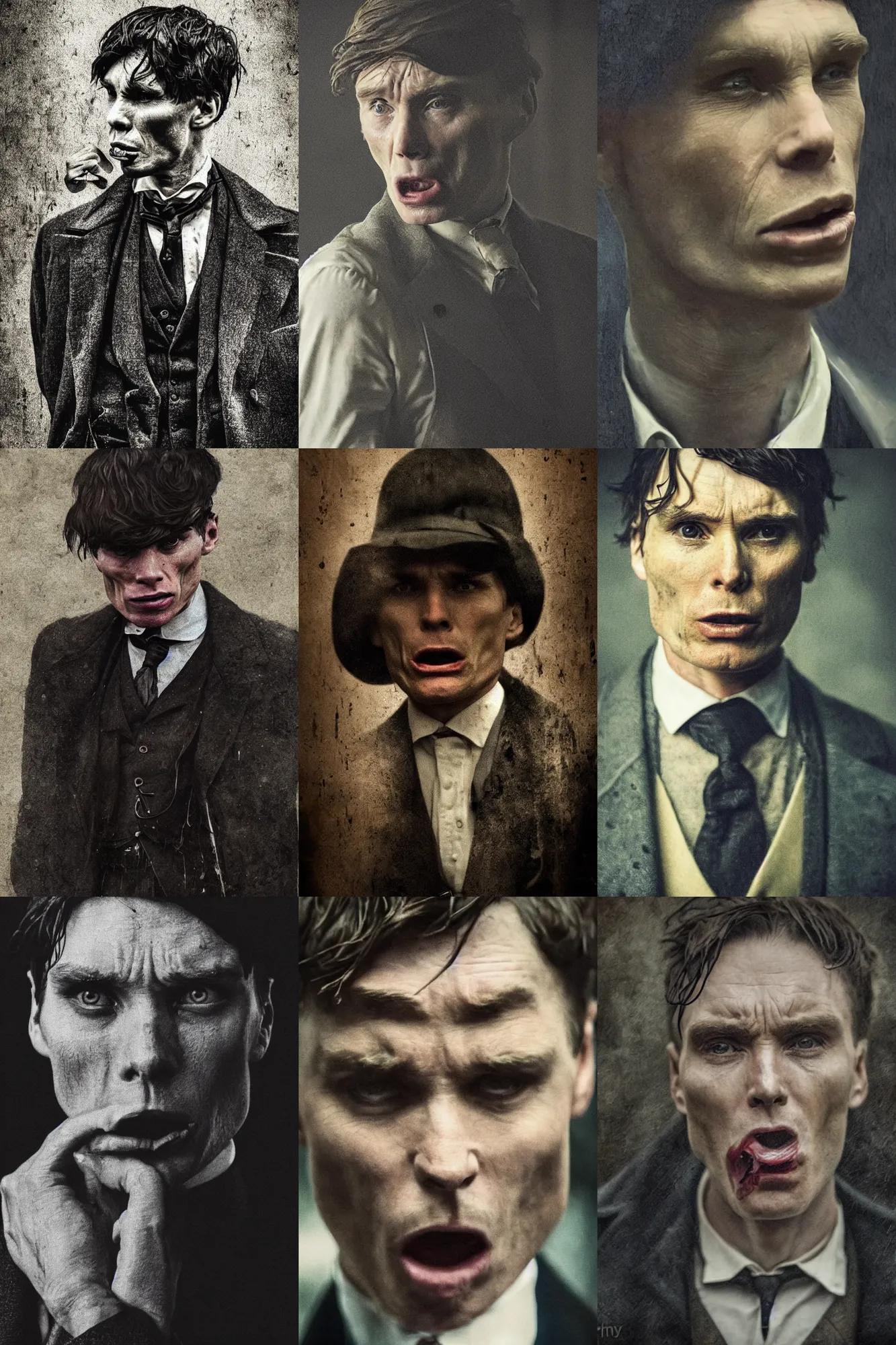 Prompt: portrait roaring Cillian Murphy in Peaky Blinders cry of pain, screaming open mouth pain, suffering, doom very angry beautiful face, Perfect detailed face, front view dramatic, gloomy, dark, bleak, cheerless, desolate, impressive, tragic, cinematic dull colours, dark colour scheme, atmospheric by Christopher Nolan