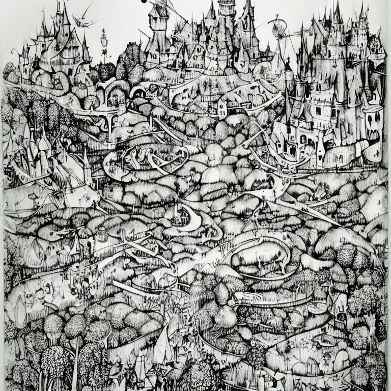 Image similar to hieronymus bosch garden on eden sketchbook ink drawing by james jean highly detailed high contrast