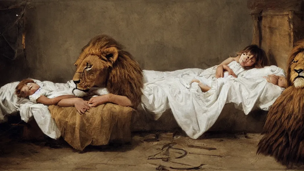 Image similar to girl lying next to a lion and a stork in a bed under white bed sheets, by guillermo lorca