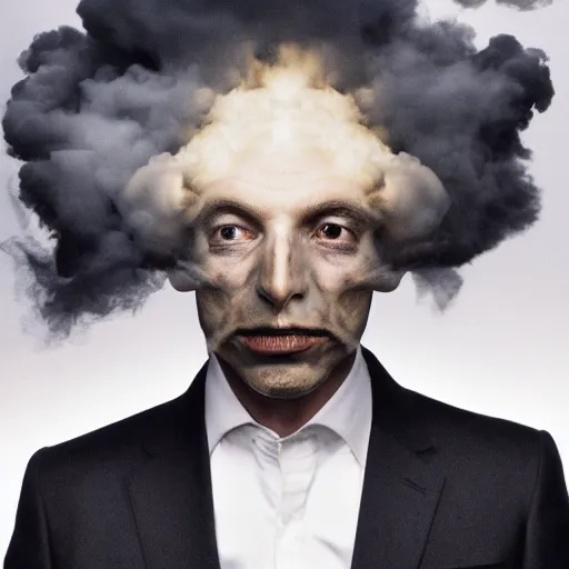 Image similar to annie liebowitz photo of a man who's head is turning into a puff of smoke