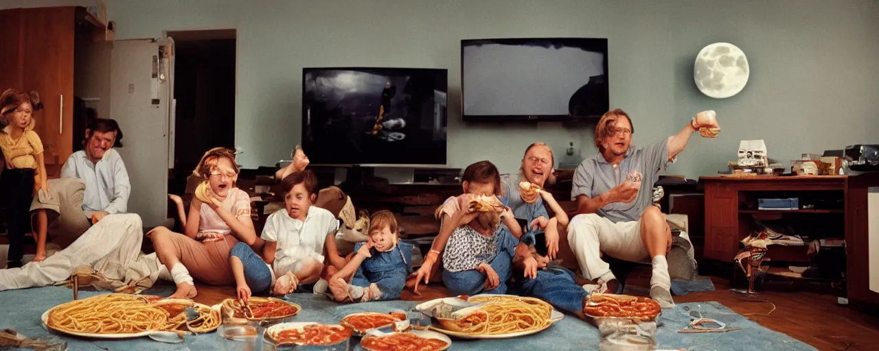 Prompt: a family watching the moon landing on tv, eating spaghetti, in the style of steve mccurry, canon 5 0 mm, wes anderson film, kodachrome, retro