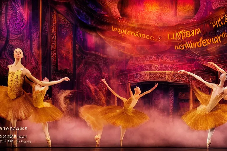 Image similar to playbill of prima ballerina, stage lighting, low angle, oriental scene, hyper realistic, smooth, focus, radiant, dramatic lighting, swirling smoke, low fog, golden hour, intricate, highly detailed