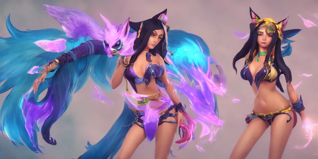 Prompt: beautiful character sheet of pool party Ahri (wild rift). 3d render, octane render, realistic, highly detailed, trending on artstation