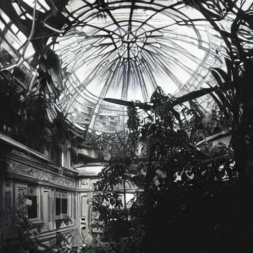 Prompt: old photo overgrown zaha hadid alphonse mucha spaceship symmetry godraysruins in jungle sunlight