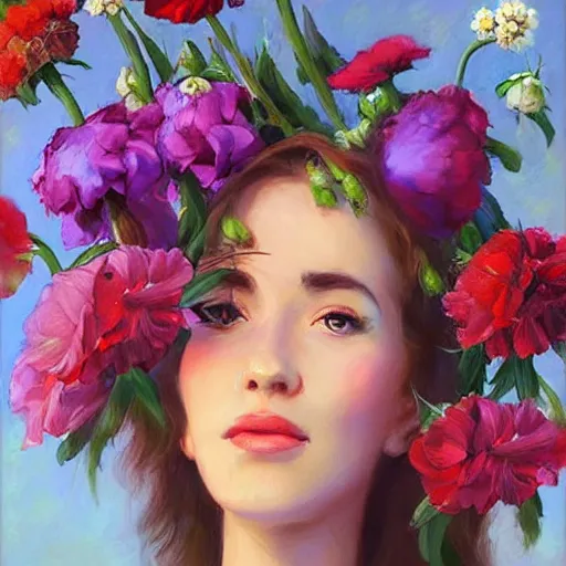 Image similar to a portrait of a romantic woman with flowers grow out of hair, roses peonies forget-me-nots dahlias lupins gladioli, sky theme in background, by Alexandr Averin, Digital Art, Trending on artstation