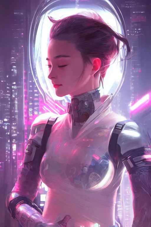 Image similar to portrait futuristic Ninja Girl, in future cyberpunk tokyo rooftop , ssci-fi, fantasy, intricate, very very beautiful, elegant, neon light, highly detailed, digital painting, artstation, concept art, smooth, sharp focus, illustration, art by tian zi and WLOP and alphonse mucha