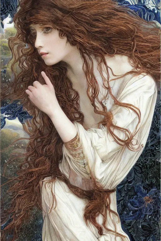 Image similar to An extremely beautiful pre-raphaelite portrait of a very beautiful and cute witch, surreal, ultradetailed, intricate, elegant, digital art painting, concept art, smooth, sharp focus, poster art, art cover illustration, regal, award winning picture, extremely detailed masterpiece, sense of awe, featured on artstation, Artgerm, effervescent punk kawaii-noir pastel bubbles, winning award piece, ethereal rainbows, Aetherpunk, low-key neon lightning, stormy weather, Exquisite details, 8K detail post-processing, matte, oil painting