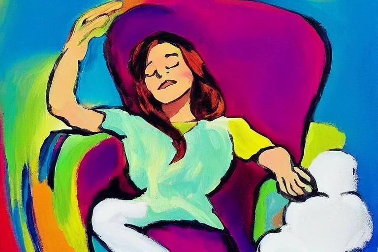 Image similar to a beautiful girl relaxing on a cloud by peter max, portrait,