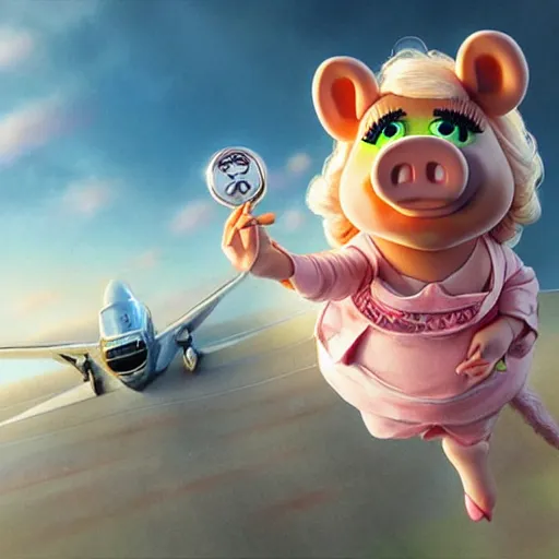 Image similar to cute miss piggy mupett piloting elias ec - 1 aircoupe plane, action shot, highly detailed, photorealistic, octane render, 8 k, unreal engine. art by artgerm and greg rutkowski and alphonse mucha