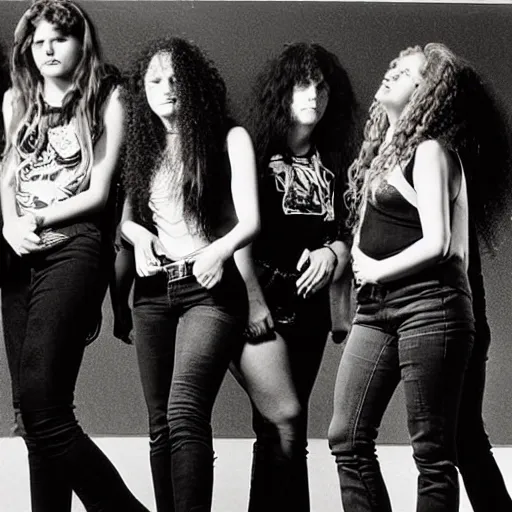 Image similar to Group of 19-year-old women holding electric guitars, long shaggy hair, permed hair, thrash metal, heavy metal, band promo photo, 1987 photograph