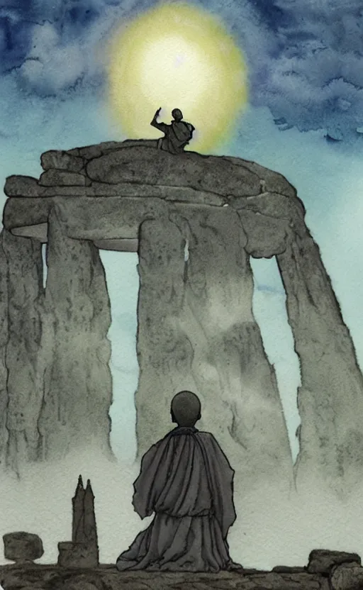 Image similar to a realistic and atmospheric watercolor fantasy concept art of giant monk with an elongated head in grey robes sitting in stonehenge. in the foreground a tiny medieval monk in grey robes is praying. in the background a ufo is in the sky. by rebecca guay, michael kaluta, charles vess