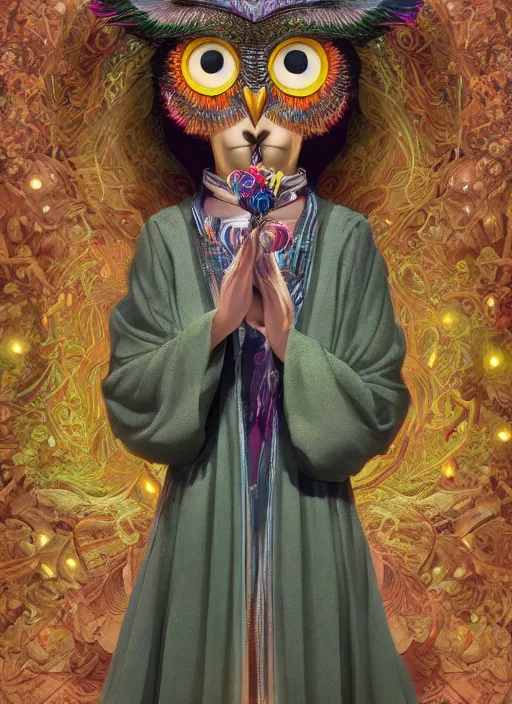 Prompt: an anthropomorphic beautiful goddess female wizard made of owl portrait holding a staff wearing colourful robe, fine art, award winning, intricate, elegant, sharp focus, octane render, hyperrealistic, cinematic lighting, highly detailed, digital painting, 8 k concept art, art by jamie hewlett and z. w. gu, masterpiece, trending on artstation, 8 k