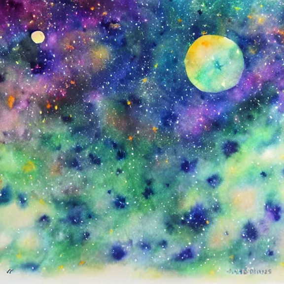Prompt: starry sky in a night forest with galaxies and nebulae, watercolor painting