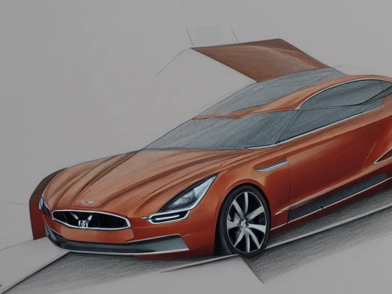 Prompt: angled complete view of a 3 d drawing of a volvo sedan resembling aston martin, concept analytic drawing, color pencil, by greg rutkowski!