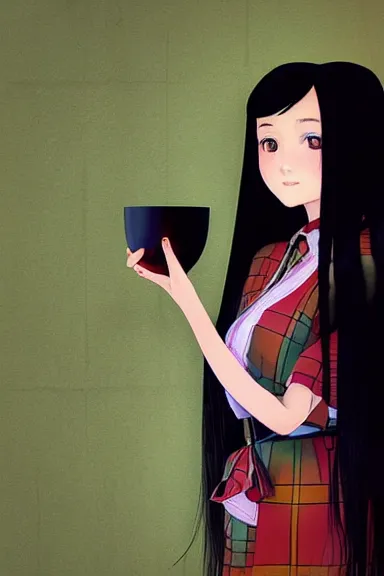 Image similar to mysterious girl child with her long black hair dressed in a chequered robe anime art style, big green diamond on her hand, digital art by ilya kuvshinov, inspired by balthus, hd, 4 k, hyper detailed