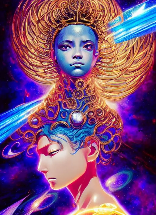 Prompt: a golden goddess with blue adornments quarter turn figurative anime portrait, in space, transcending to a higher plane in the multiverse, lazer light beaming down to top of her head, by android jones, by ben ridgeway, by ross draws, by Noah Bradley, by Maciej Kuciara