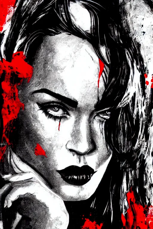 Prompt: dream of a film still from sin city, closeup portrait of film noir megan fox private detective, detailed illustration, digital art, trending on artstation, frank miller, martin ansin, movie poster, dripping paint, red on black, graffiti, gta v,