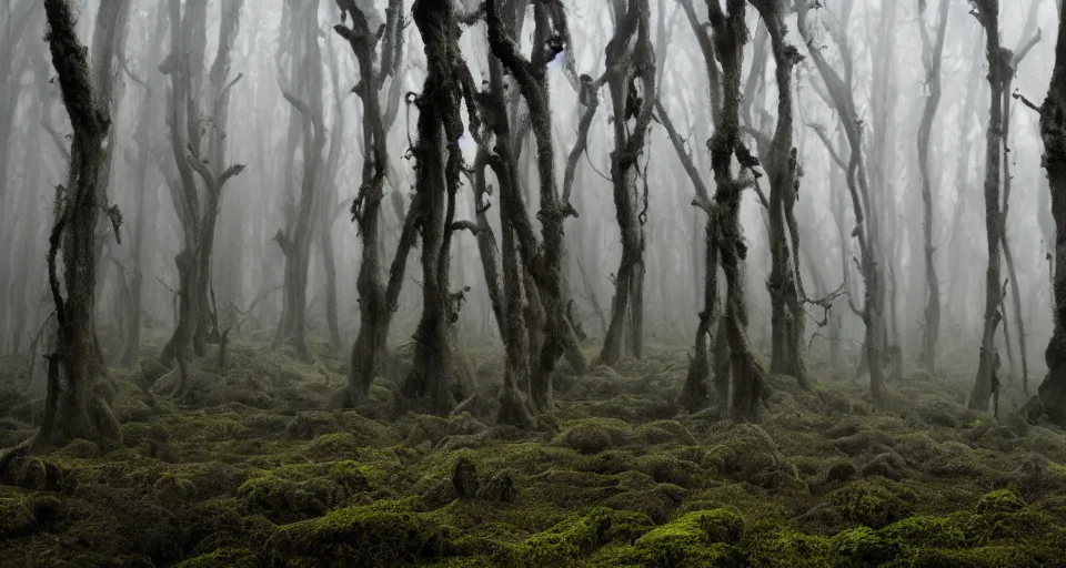 Image similar to an extremely detailed cinematic movie shot of a creepy foggy forest with twisted trees, mossy ground, filled with will-o-the-wisps in the style of tim burton