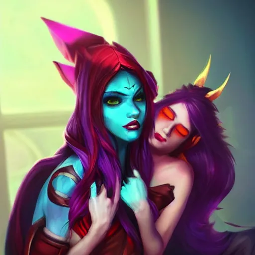 Image similar to league of legends, xayah and kai'sa, best friends, photorealism, portrait, cute, pretty