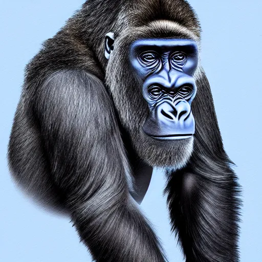 Prompt: A potrait of pure white faced silver back gorilla , covering its head with a deep blue cloth , digital art