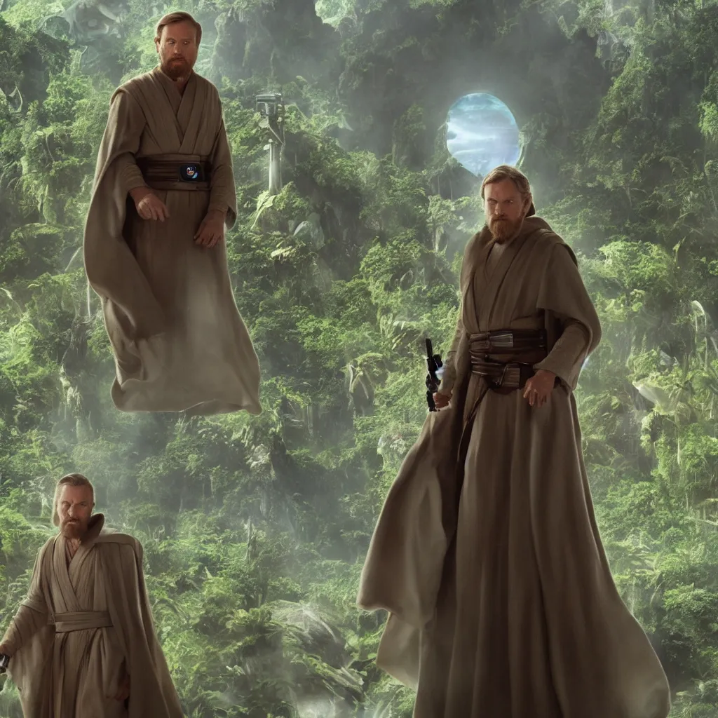 Image similar to obi wan kenobi stands in front of a stargate, alien jungle in the background