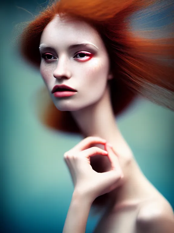 Image similar to kodak portra 4 0 0 photo portrait of a beautiful hybrid woman - fish, fine art photography in style of roberto kusterle, 1 5 0 mm lens, f 2. 4, elegant, sharp focus, ethereal, emotionally evoking, head in focus, soft blur, matt colours, volumetric lighting, hyper realistic, ultra detailed