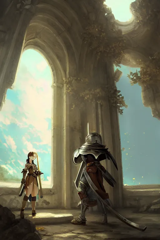 Image similar to baroque oil painting of anime key visual concept art of rustic grand stone chapel with female knight standing in the doorway wearing silver armor with gold trims, trending on artstation, brush strokes, oil on canvas, style of kawacy and makoto shinkai and greg rutkowski and studio ghibli