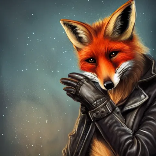 Image similar to A fox with a small head wearing a leather jacket and leather jeans and leather gloves, trending on FurAffinity, energetic, dynamic, digital art, highly detailed, FurAffinity, digital fantasy art, FurAffinity, favorite, character art