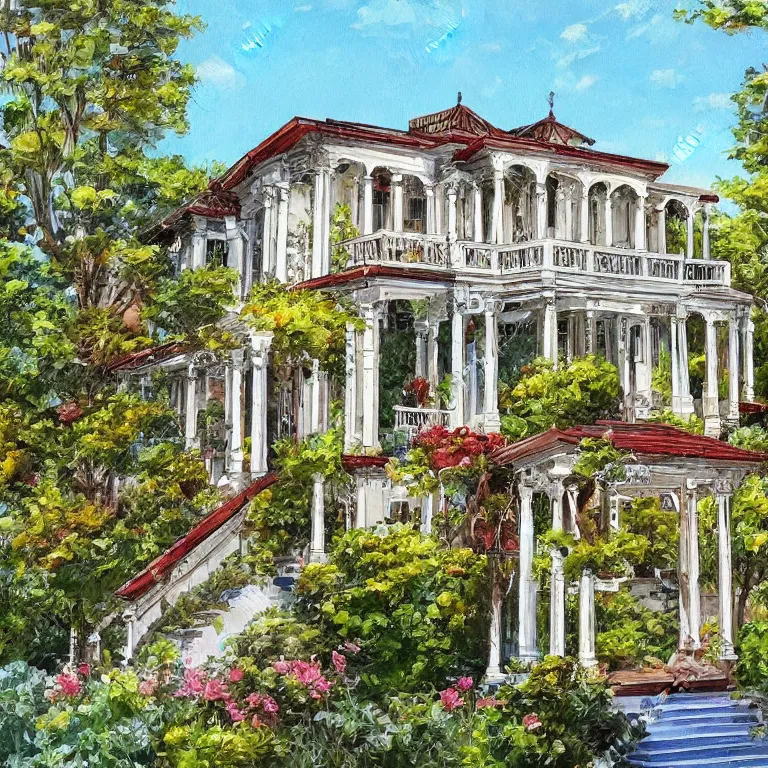 Prompt: a beautiful painting of a beautiful house with beautiful architecture and various architectural inserts architectural heritage with a beautiful delightful garden, highly detailed