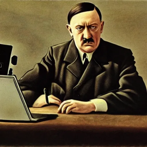 Image similar to hitler using a computer, realistic, detailed by da vinci