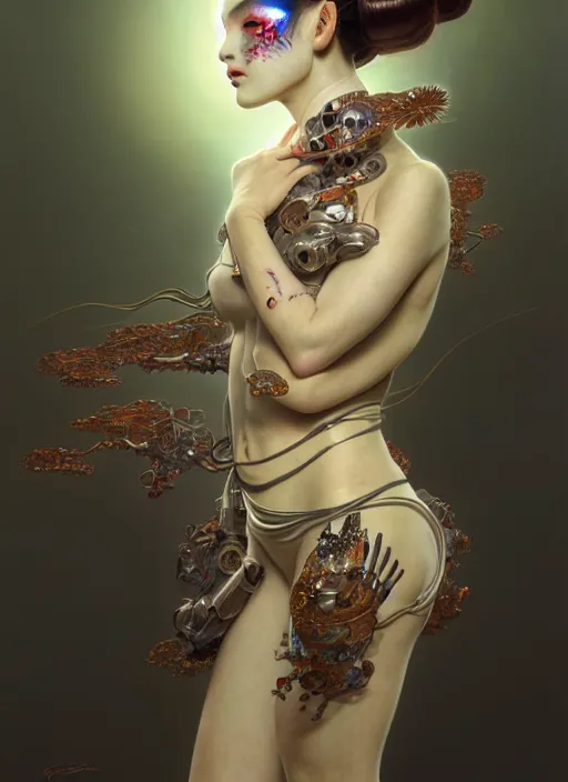 Image similar to organic Geisha cyborg, translucent pearlescent skin, diffuse lighting, fantasy, intricate, elegant, highly detailed, lifelike, photorealistic, digital painting, artstation, illustration, concept art, smooth, sharp focus, art by John Collier and Albert Aublet and Krenz Cushart and Artem Demura and Alphonse Mucha