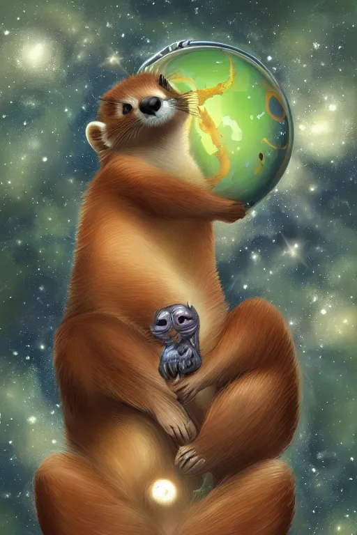 Image similar to giant pine marten in space holding a planet, digital art, trending on artstation, highly detailed, by Yoshitaka Amano
