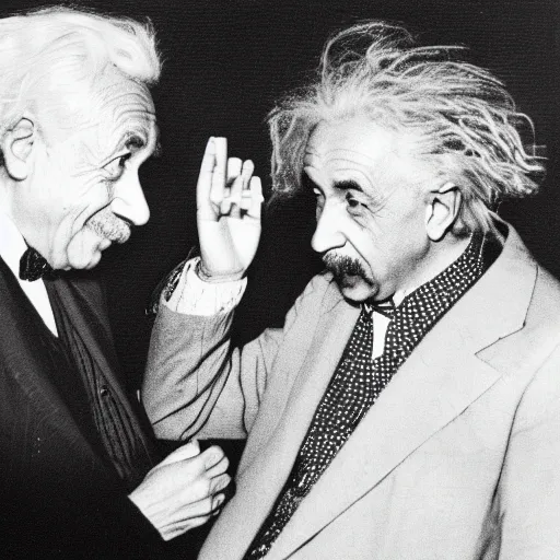 Prompt: Albert Einstein and Gzuz discussing theoretical physics, photograph