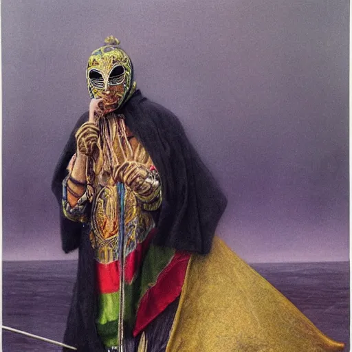 Image similar to a shaman in a rainbow hooded poncho, a venetian mask and holding a gold cane. by alan lee