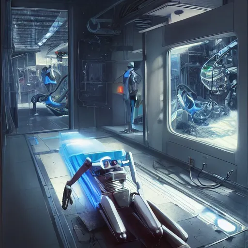 Image similar to a soul leaving the body of an I robot by mario feng and John Berkey, ray tracing, master shot, octane render, 8k, ultra hd, perfect light