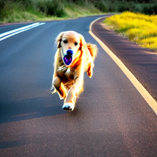 Prompt: photo of a golden retriever running on a highway