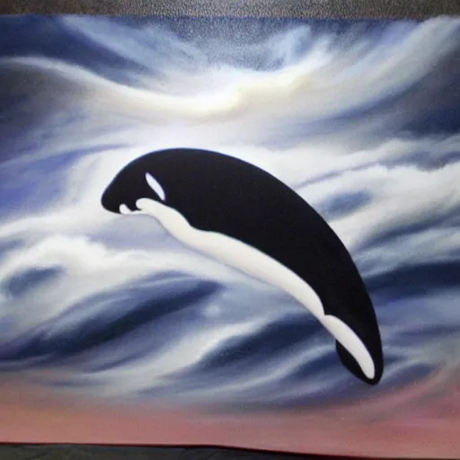 Image similar to a storm, shaped like an orca, on a stormy night, airbrush painting