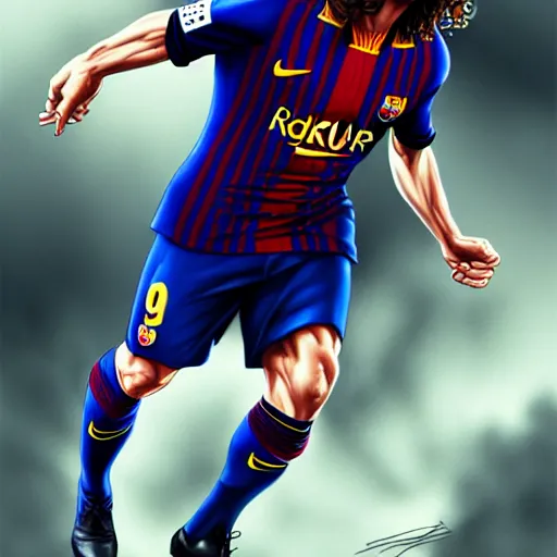 Image similar to Carles Puyol, Fc Barcelona captain, defending his club, D&D, fantasy, intricate, elegant, highly detailed, digital painting, artstation, concept art, matte, sharp focus, illustration, art by Artgerm and Greg Rutkowski and Alphonse Mucha