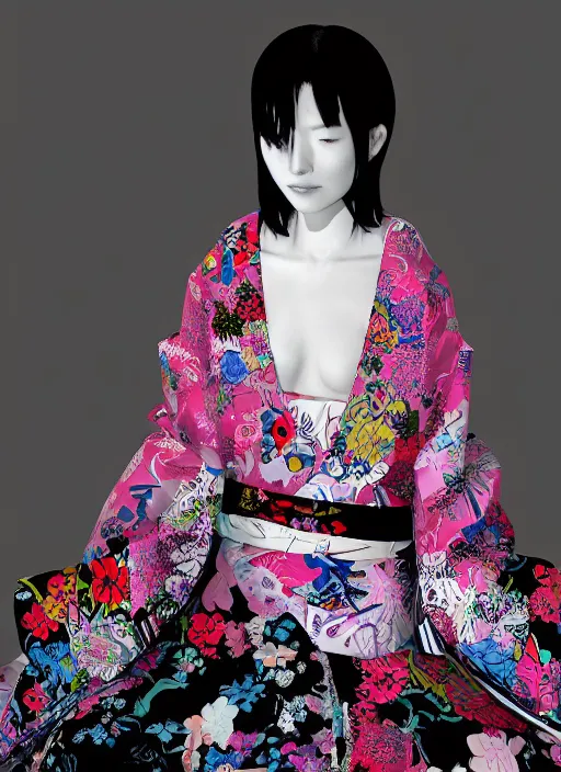 Image similar to a digital portrait of a japanese girl detailed features wearing a kimono latex suit wedding dress - synthetic materials, by balenciaga and issey miyake by ichiro tanida and mitsuo katsui